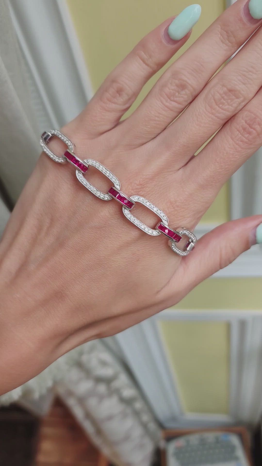 4.10 Ct.Tw.Total Carat Weight Ruby and Natural Diamond Accent Stones Bracelet, Platinum 950 Size Video