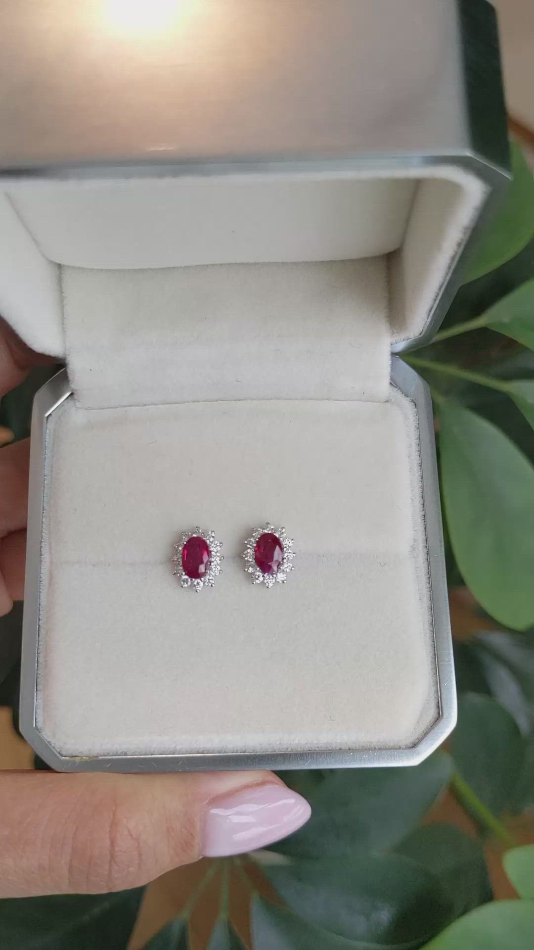 1.25&nbsp;Ct.Tw.Total Carat Weight Ruby and Natural Diamond Halo Earrings, 18K White Gold Size Video