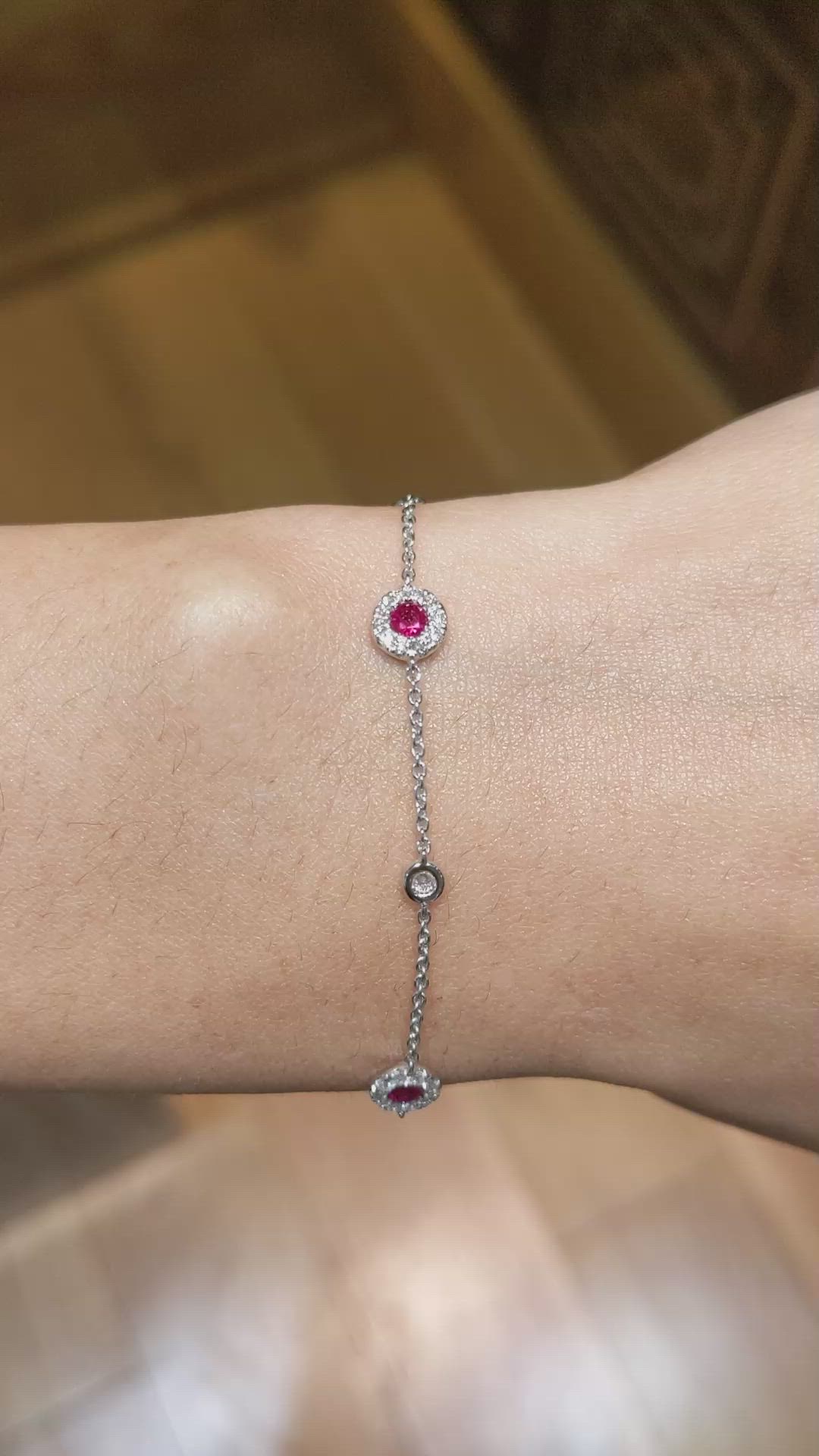 0.46 Ct.Tw.Total Carat Weight Ruby and Natural Diamond Pave Bracelet, 14K White Gold Size Video