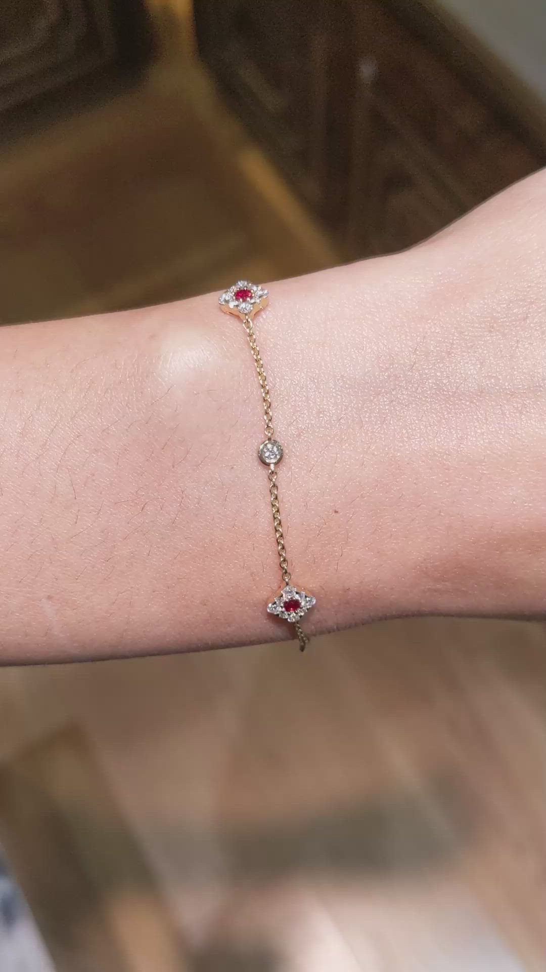 0.23 Ct.Tw.Total Carat Weight Ruby and Natural Diamond Halo Bracelet, 14K Yellow Gold Size Video