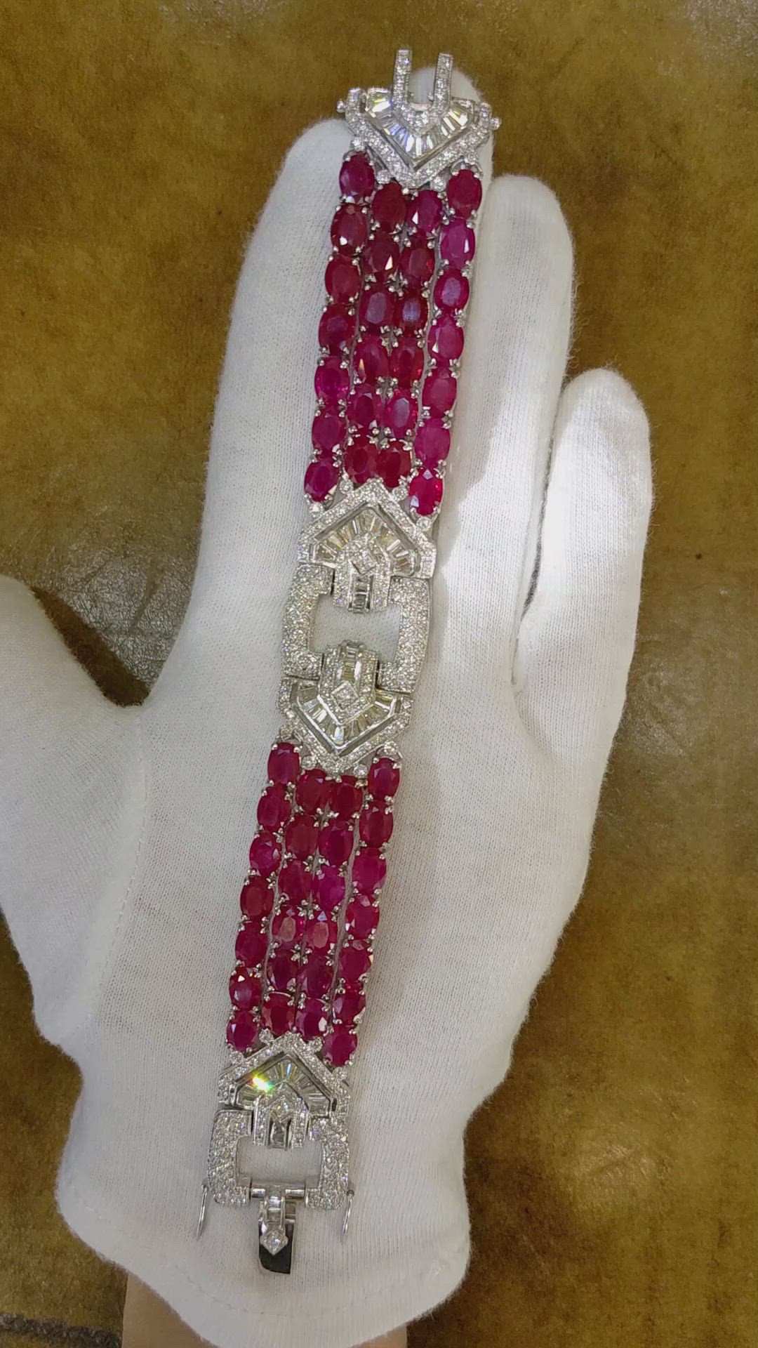 51.45 Ct.Tw.Total Carat Weight Ruby Natural Diamond Antique Style Bracelet, 18K White Gold Size Video