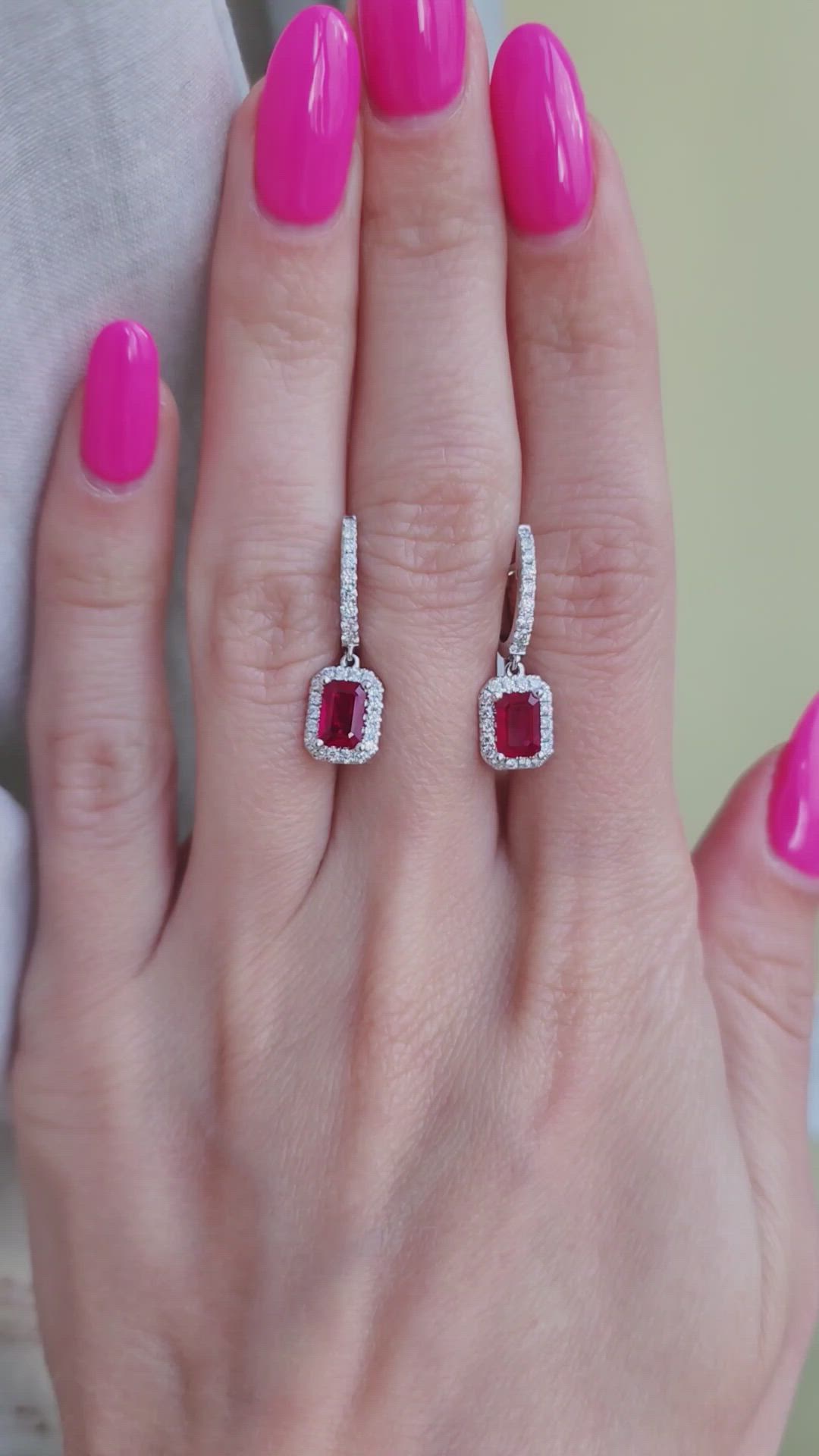 1.15 Ct.Tw.Total Carat Weight Ruby Natural Diamond Halo Earrings, 14K White Gold Size Video