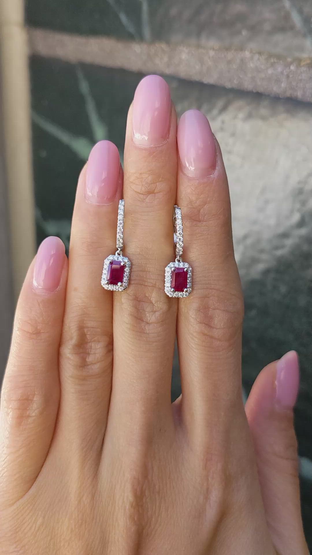 1.15 Ct.Tw.Total Carat Weight Ruby and Natural Diamond Halo Earrings, 14K White Gold Size Video