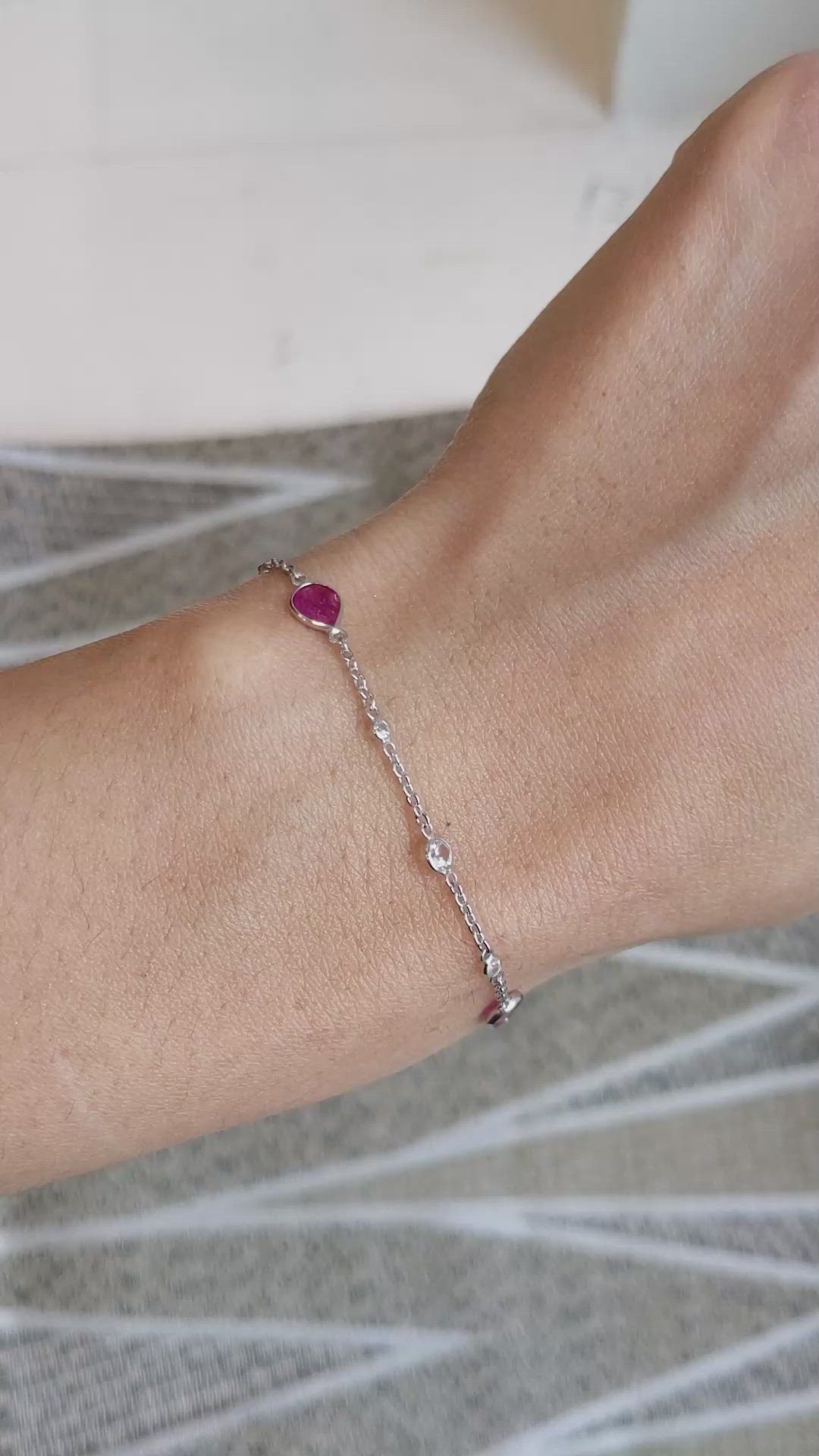 1.79&nbsp;Ct.Tw.Total Carat Weight Pinkish Red Ruby and White Sapphire Bezel Bracelet, 18K White Gold Size Video