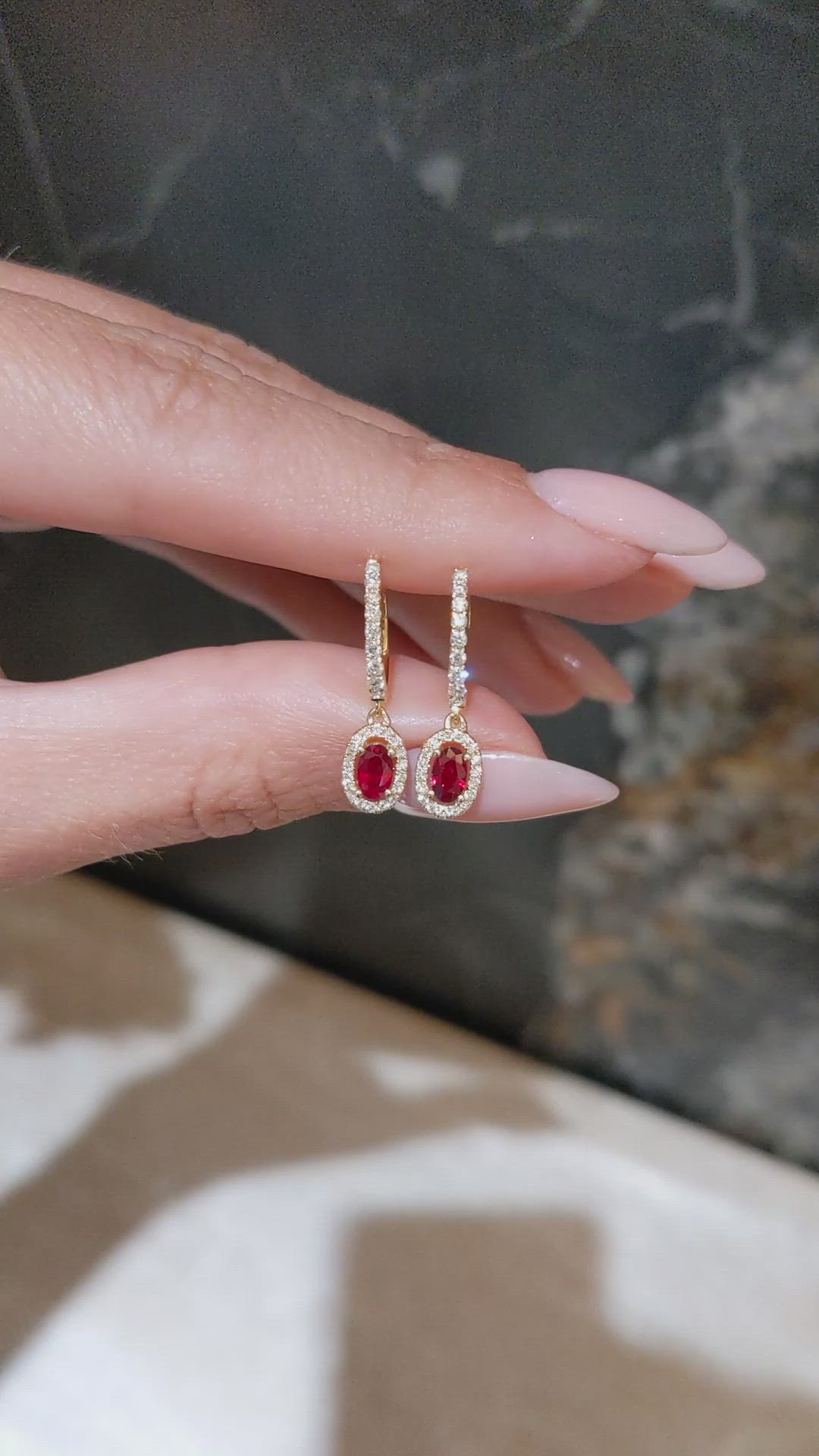 0.55 Ct.Tw.Total Carat Weight Ruby and Natural Diamond Pave Earrings, 14K Yellow Gold Size Video