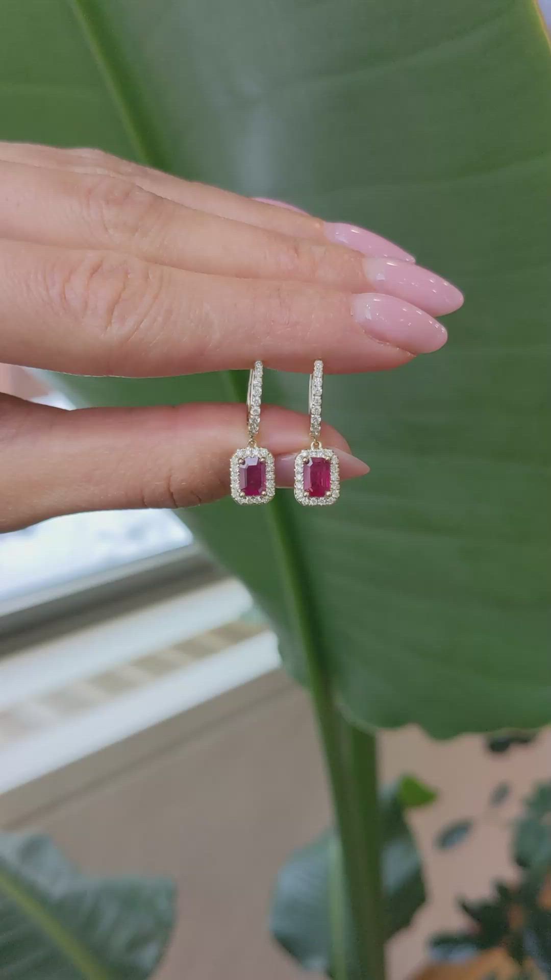 1.15&nbsp;Ct.Tw.Total Carat Weight Ruby and Natural Diamond Halo Earrings, 14K Yellow Gold Size Video