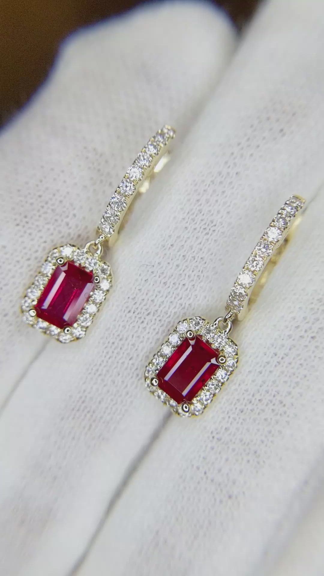 1.15 Ct.Tw.Total Carat Weight Ruby Natural Diamond Halo Earrings, 14K Yellow Gold Size Video