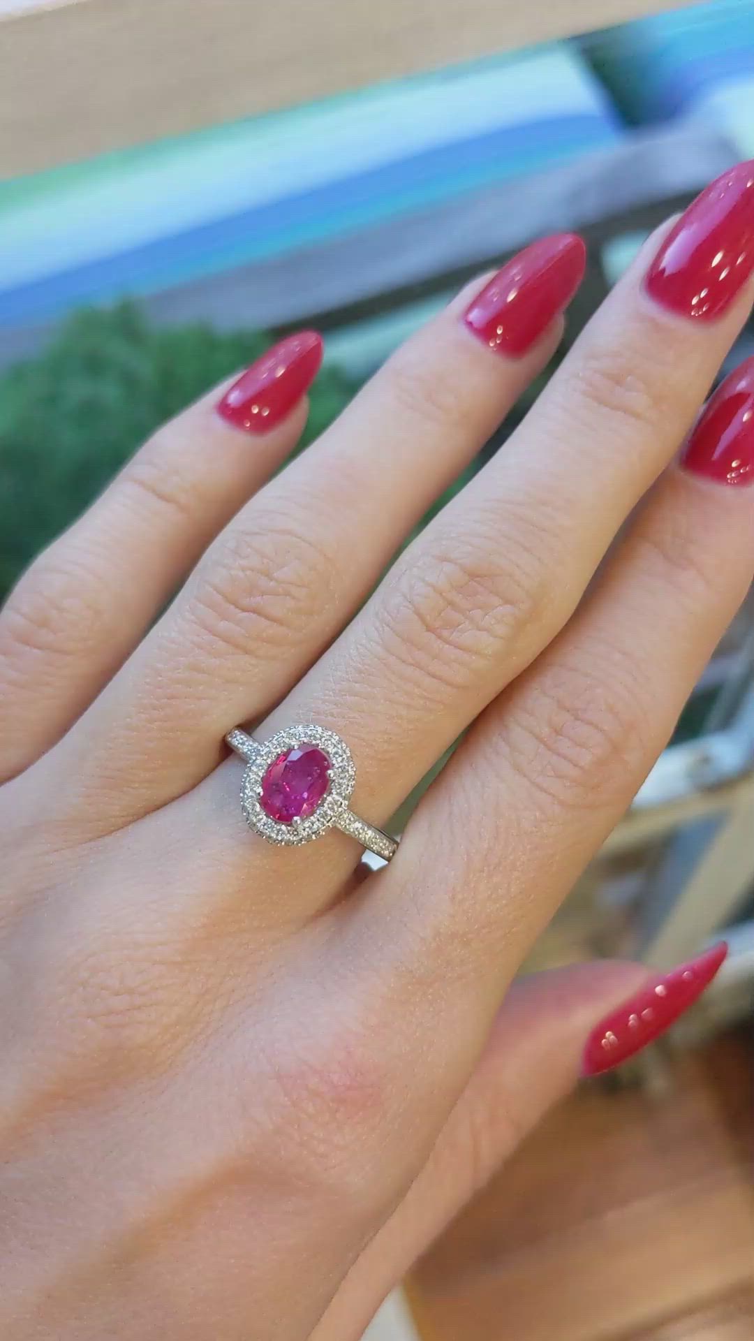 0.90 Ct. Ruby and Diamond Pave Ring, 18K White Gold Size Video