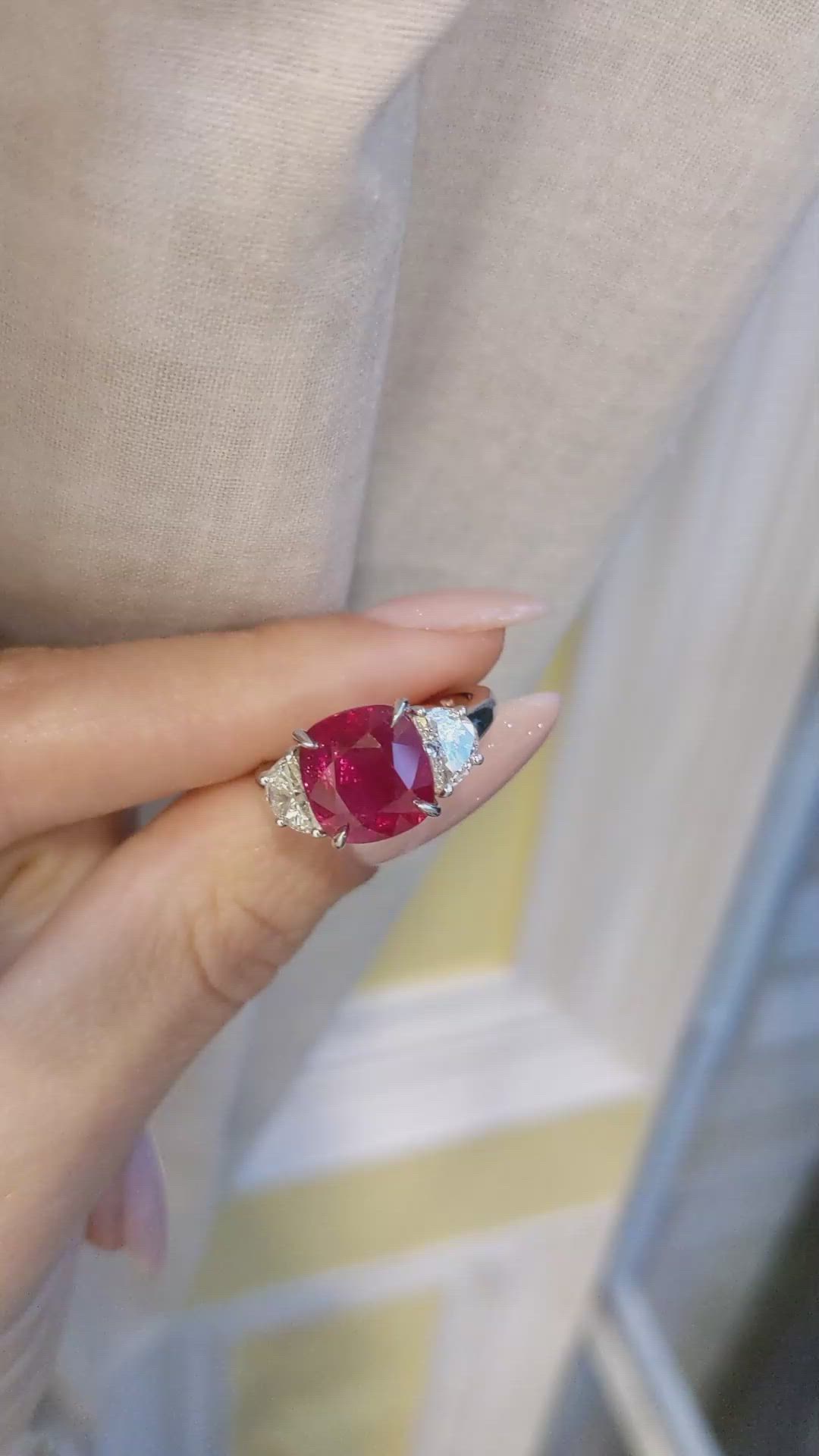 5.07 Ct. Ruby Natural Diamond Three Stone Ring, 18K White Gold Size Video