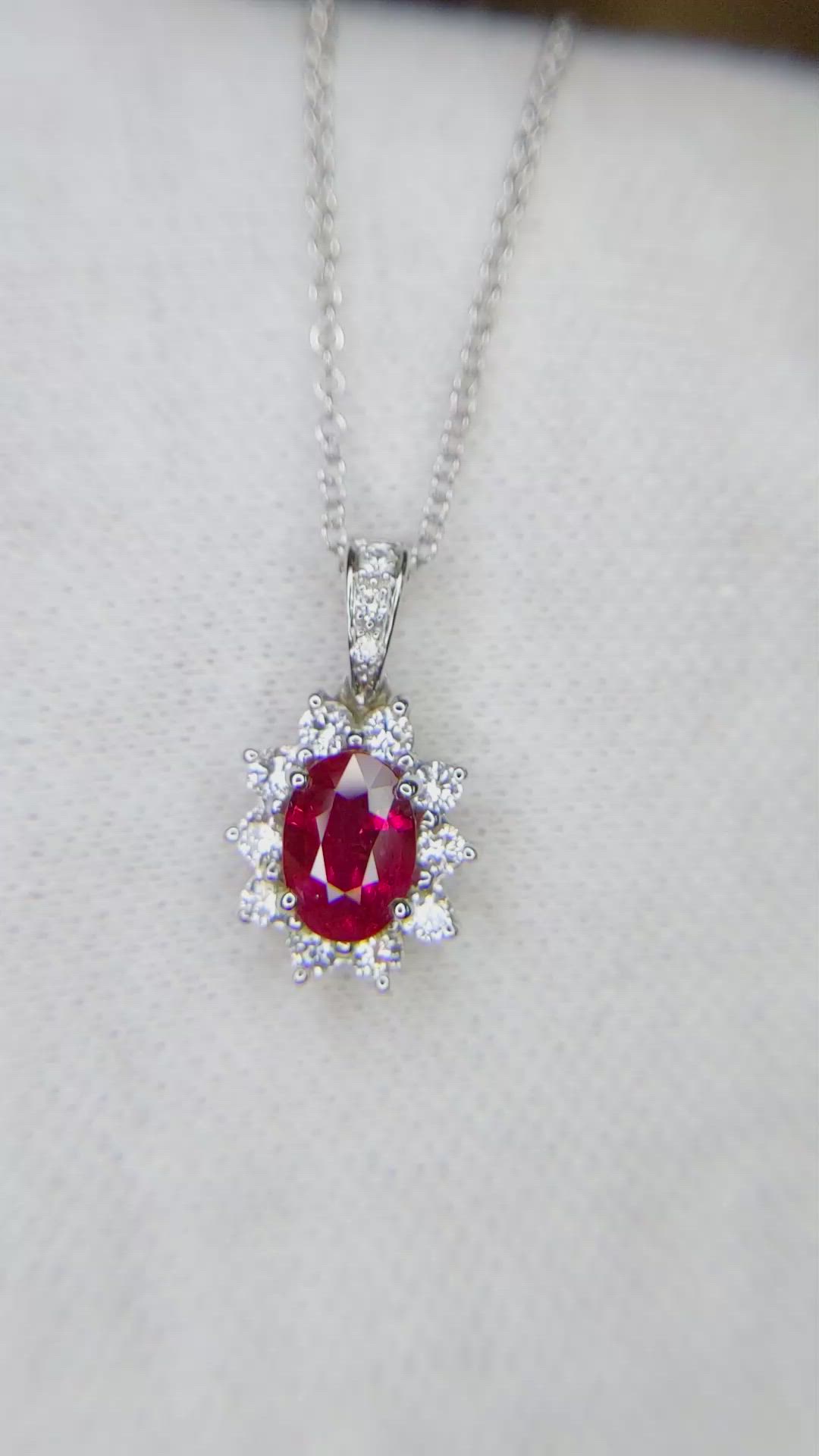 0.91 Ct. Ruby and Diamond Pave Pendant, 18K White Gold Size Video
