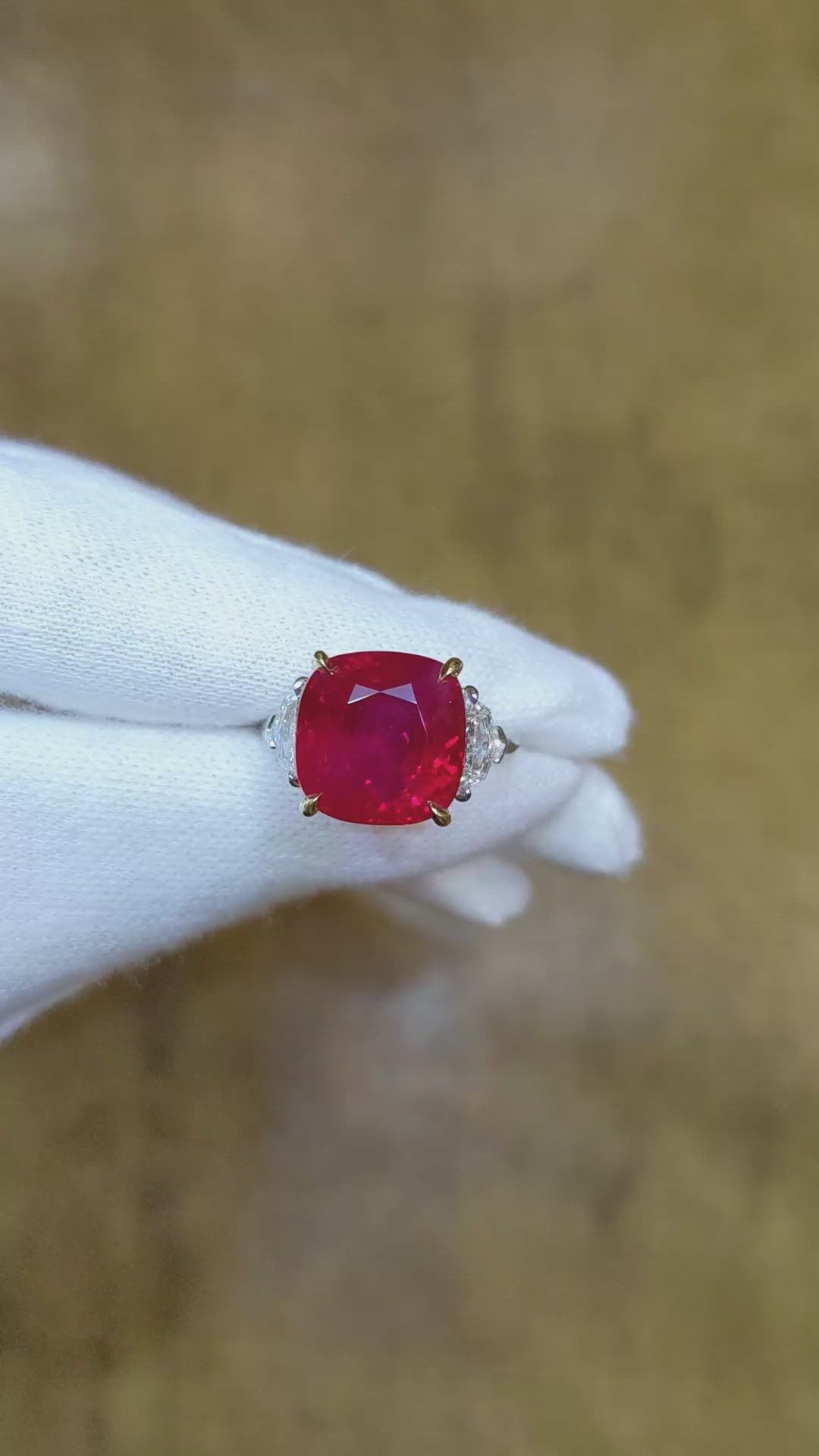 10.03 Ct. Ruby Natural Diamond Three Stone Ring, Platinum & 18K Yellow Size Video