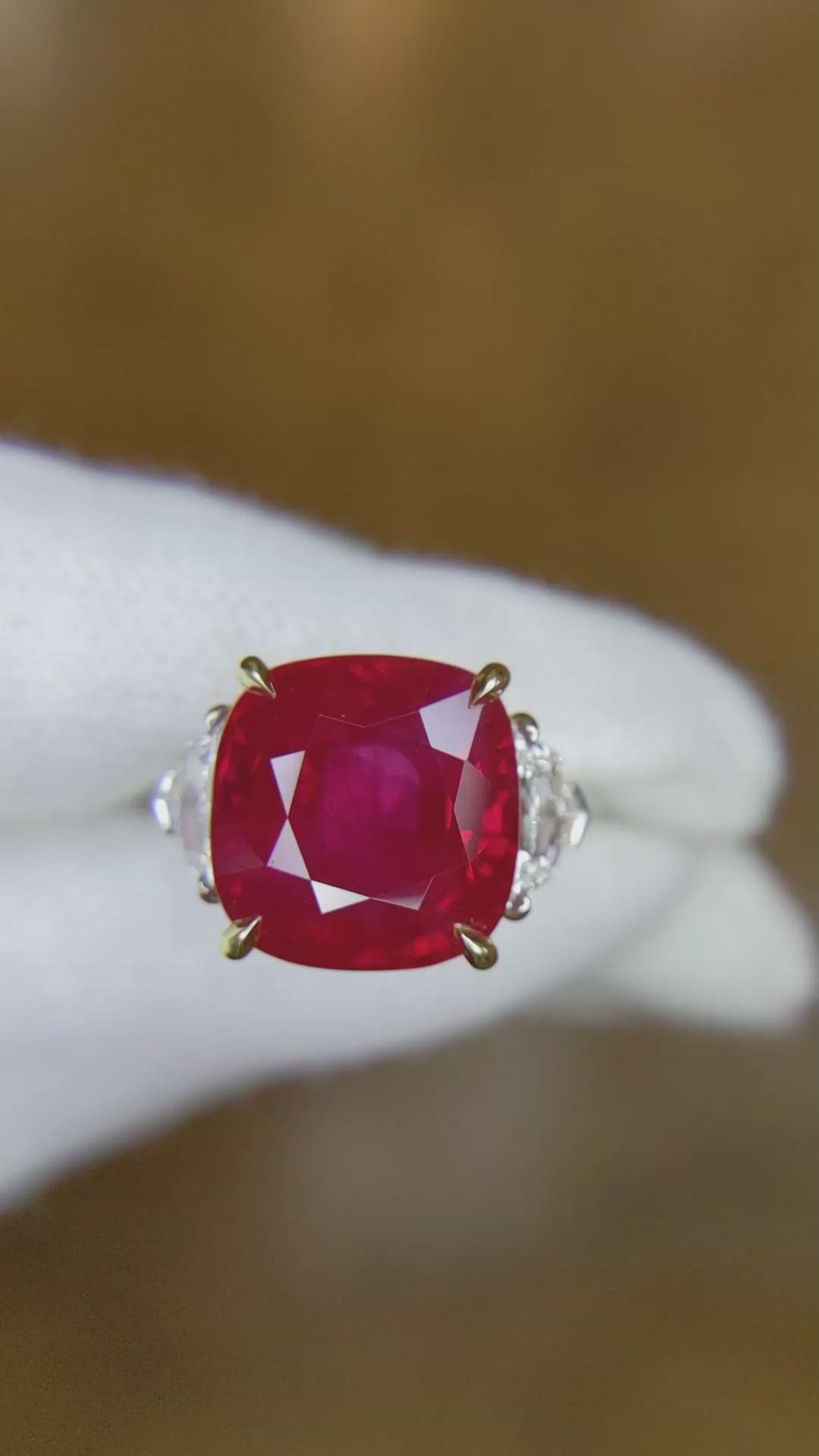 10.03 Ct. Ruby Natural Diamond Three Stone Ring, Platinum & 18K Yellow Size Video