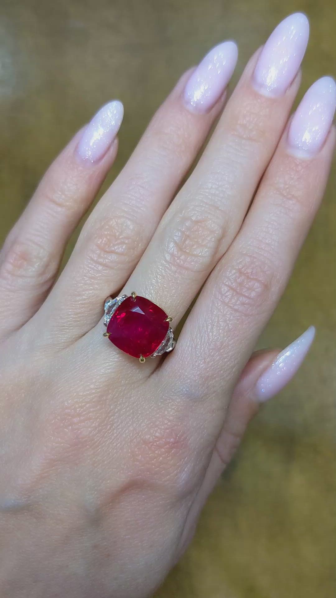 10.03 Ct. Ruby Natural Diamond Three Stone Ring, Platinum & 18K Yellow Size Video