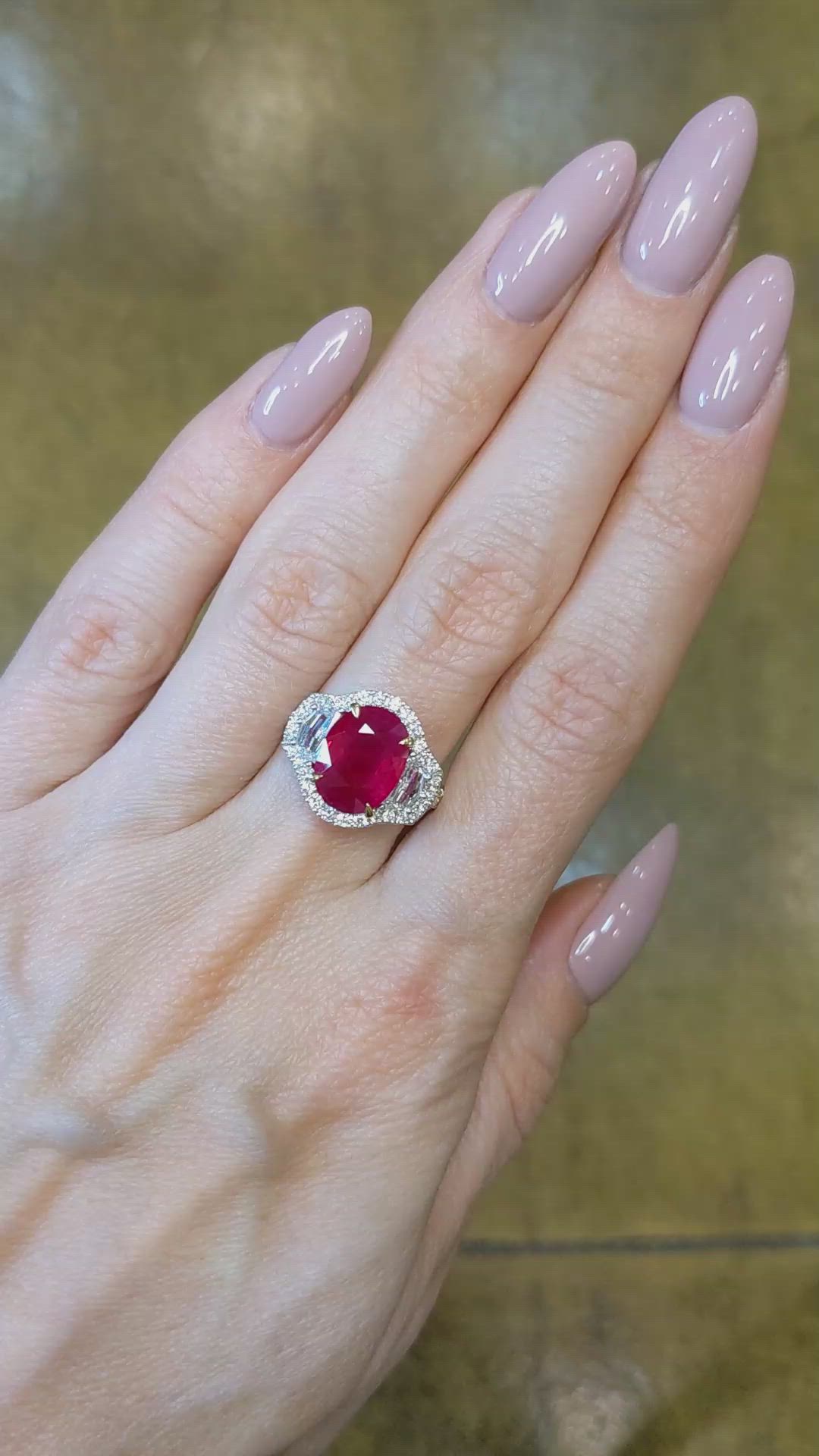 3.98 Ct. Ruby and Natural Diamond Three Stone Ring, 18K White & Yellow Size Video