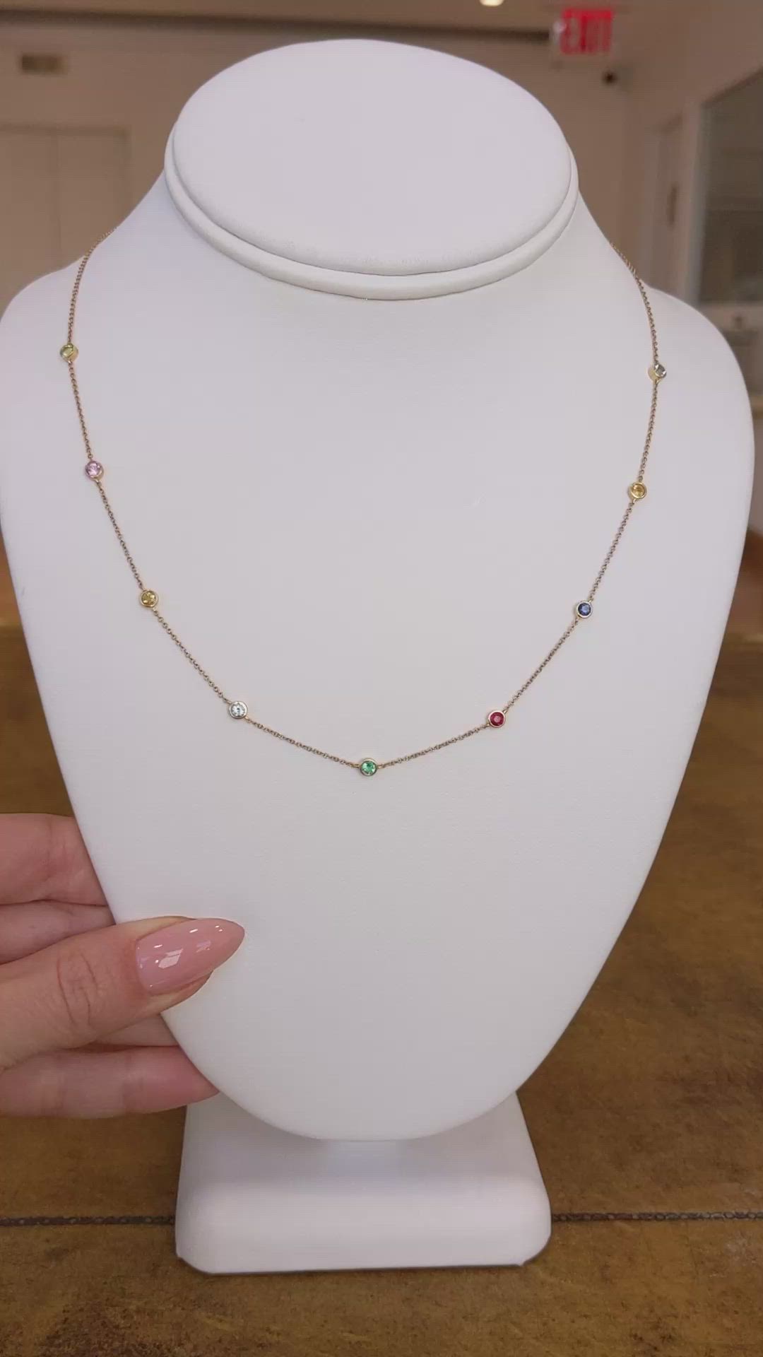 0.07 Ct. Blue Aquamarine, Yellow Citrine, Emerald, Ruby, Mixed Sapphire and Green Peridot Bezel Necklace, 14K Yellow Gold Size Video