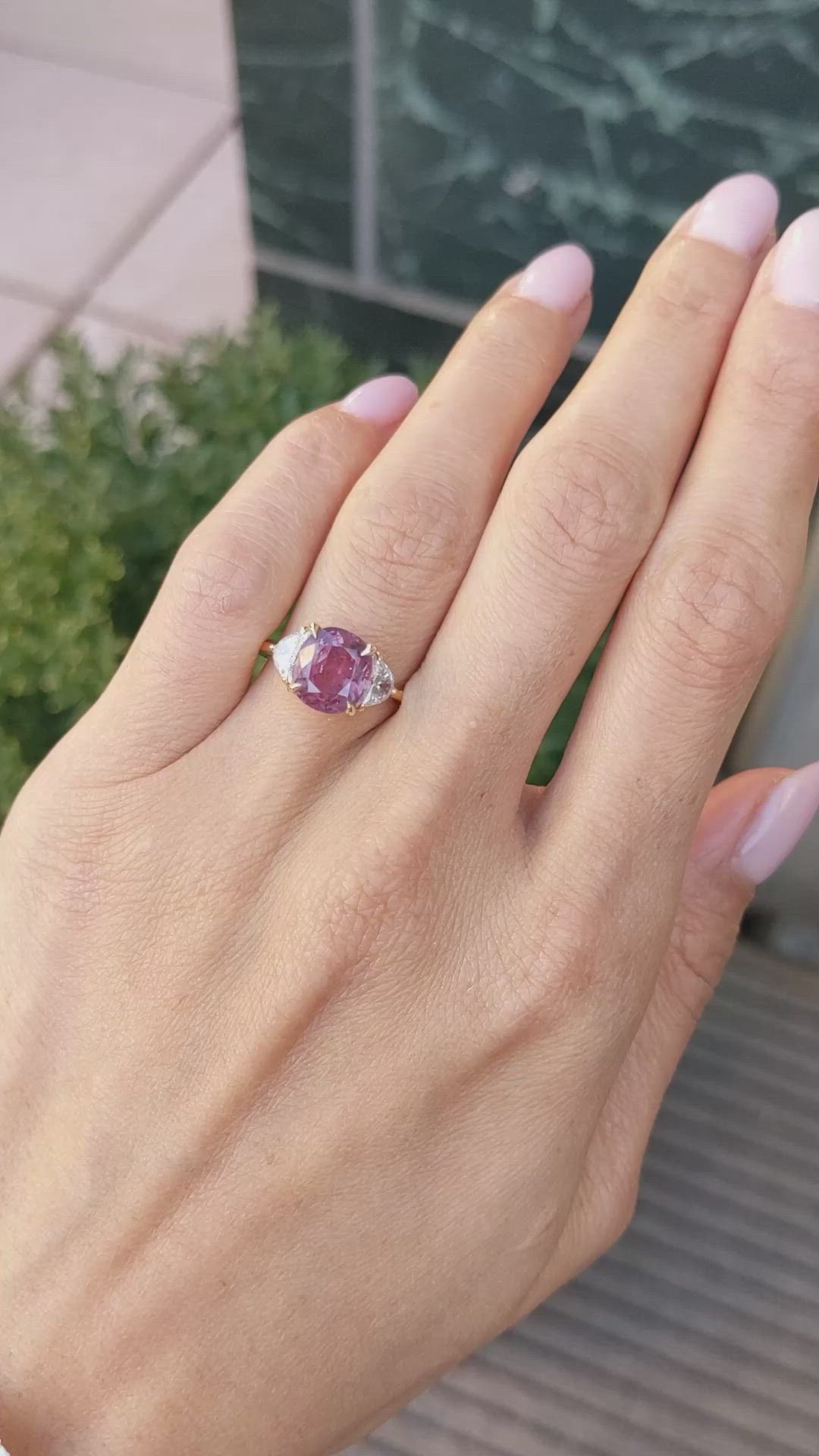 3.13 Ct. Purplish Red Ruby and Natural Diamond Three Stone Ring, 14K Yellow Gold Size Video