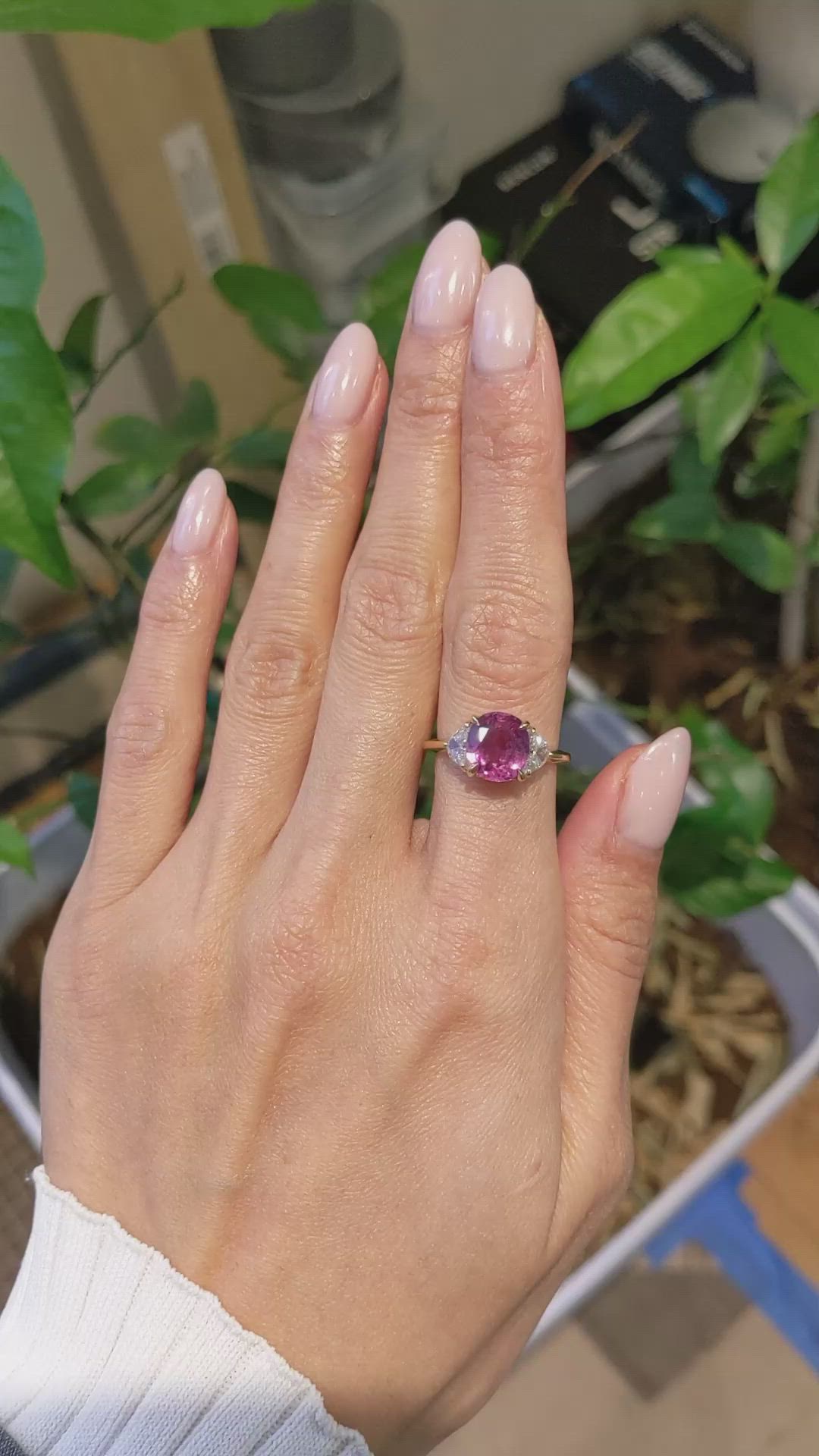 3.13 Ct. Purplish Red Ruby and Natural Diamond Three Stone Ring, 14K Yellow Gold Size Video