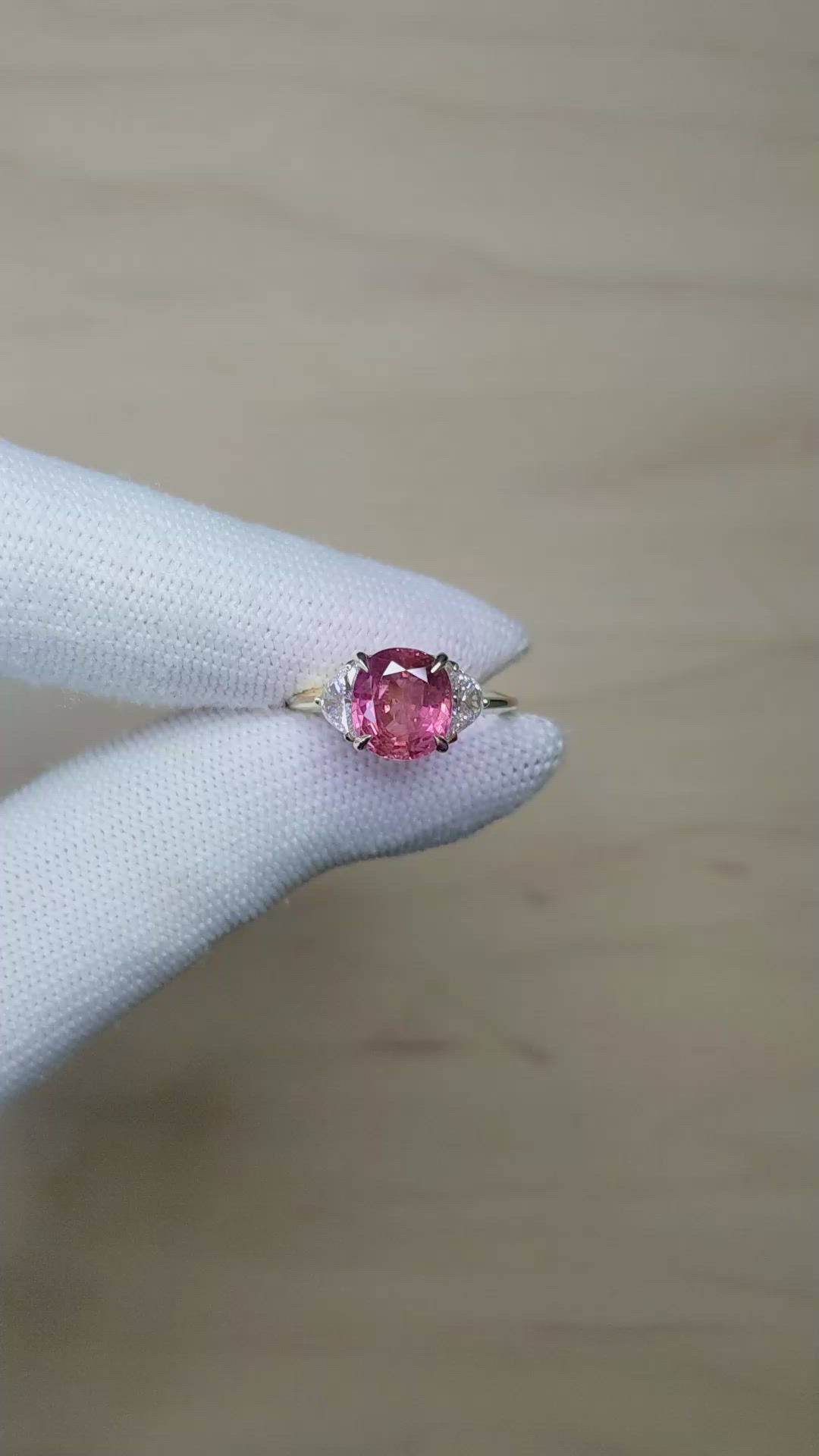 3.13 Ct. Purplish Red Ruby and Natural Diamond Three Stone Ring, 14K Yellow Gold Size Video