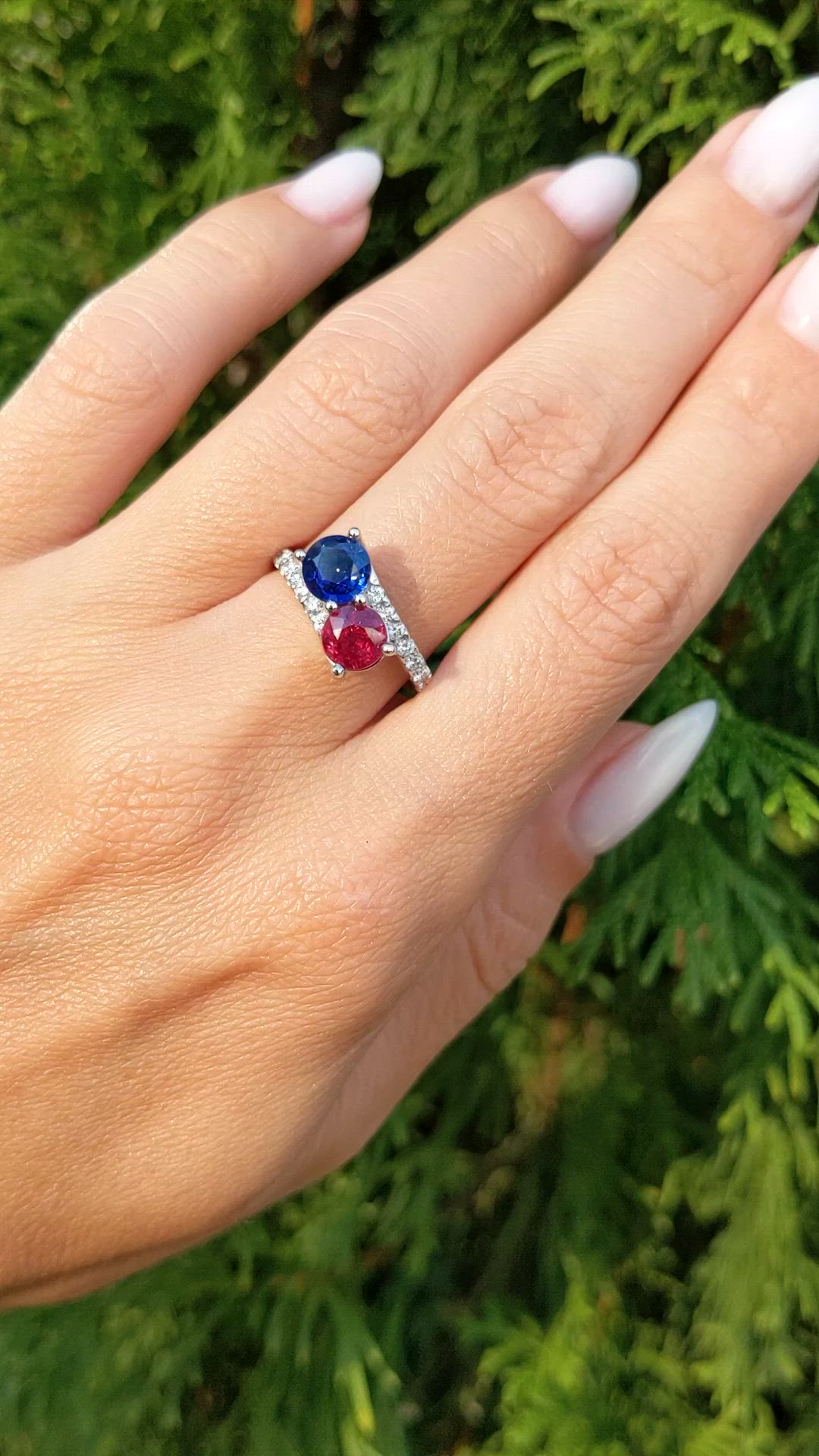 2.31 Ct.Tw.Total Carat Weight Ruby, Blue Sapphire and Natural Diamond Pave Ring, 14K White Gold Size Video