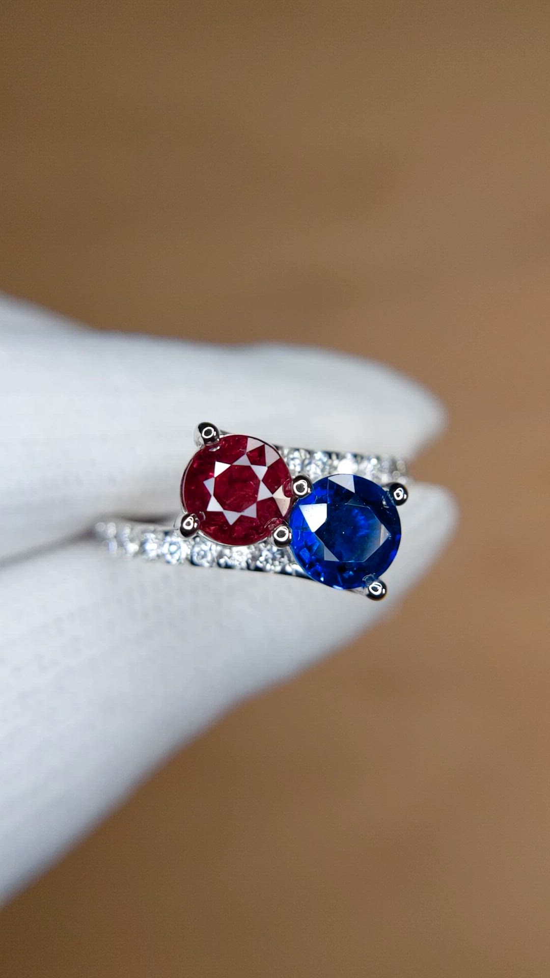 2.31 Ct.Tw.Total Carat Weight Ruby, Blue Sapphire and Natural Diamond Pave Ring, 14K White Gold Size Video
