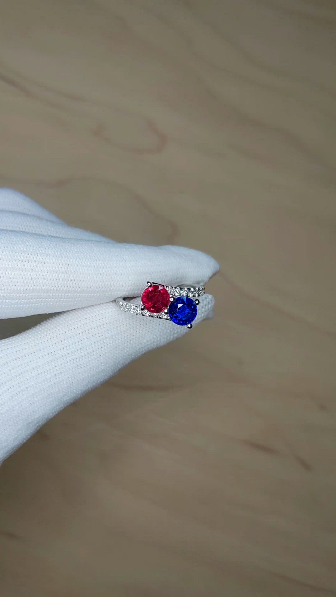 2.31 Ct.Tw.Total Carat Weight Ruby, Blue Sapphire and Natural Diamond Pave Ring, 14K White Gold Size Video